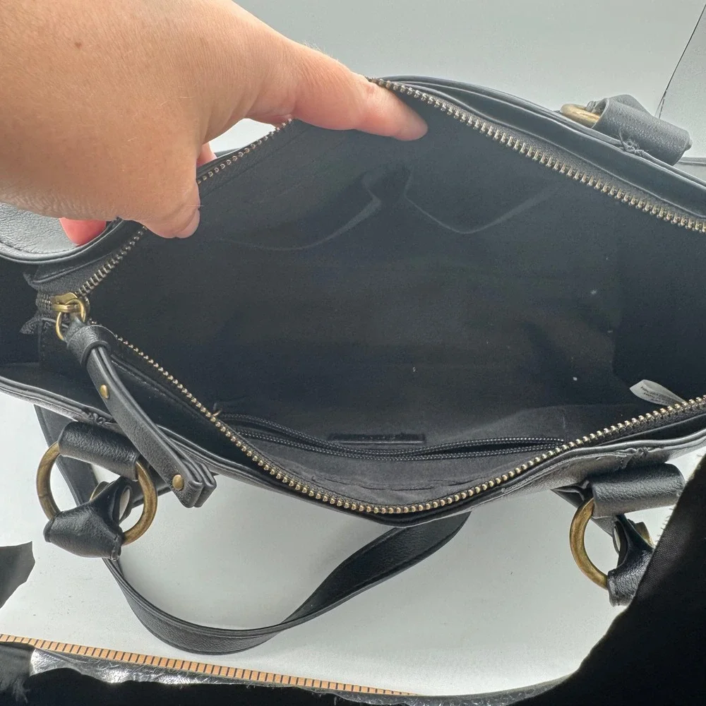 Frye and Co Black Faux Leather Satchel Crossbody Bag Brass Hardware Large